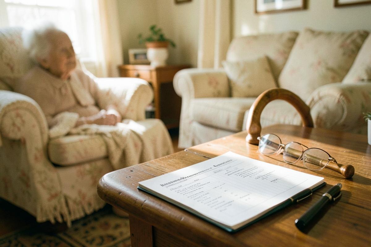 Grille d'évaluation et stylo posés sur une table basse, près d'une canne et de lunettes, dans un séjour éclairé par la fenêtre.