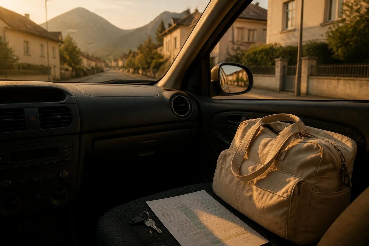 Sacoche de soins, clés et feuille de tournée posées sur le siège passager d'une voiture, rue résidentielle et montagnes au pare-brise.
