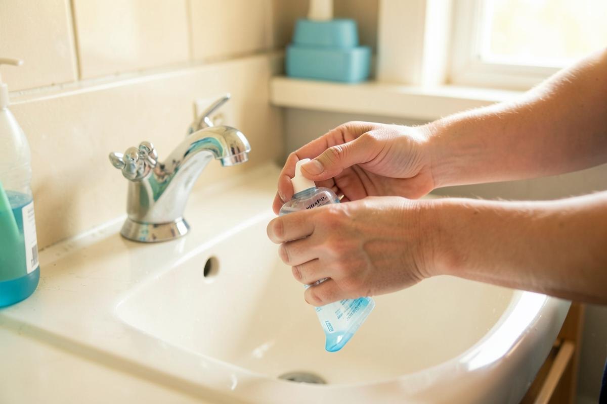 Mains se frictionnant avec une solution hydro-alcoolique au-dessus d'un lavabo, avant un soin.