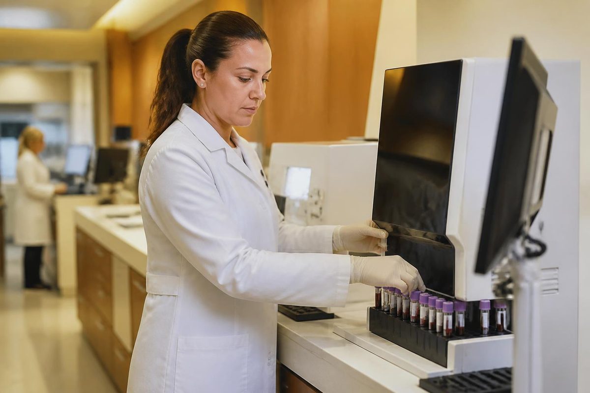Une technicienne de laboratoire, gantée et en blouse, dépose des tubes d'échantillons étiquetés dans le portoir d'un automate d'analyse.