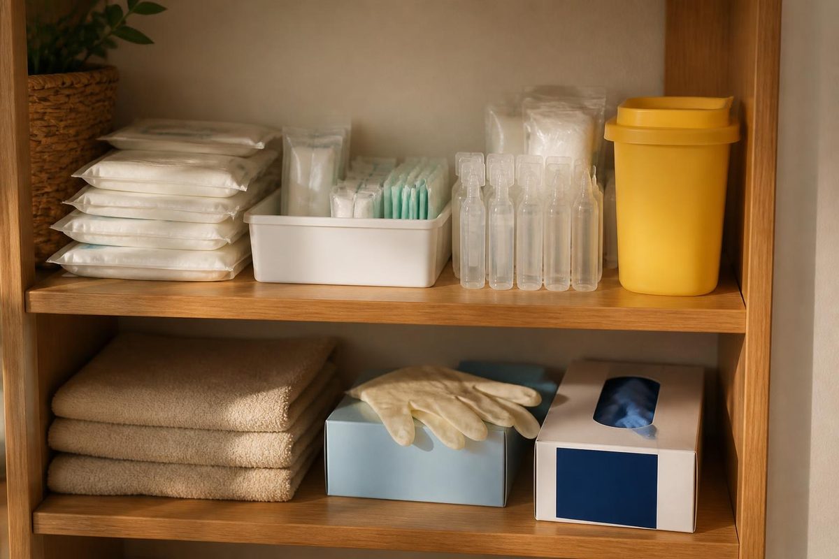 Étagère en bois rangée : compresses, ampoules de sérum, boîtes de gants, collecteur d'aiguilles et linge propre plié.