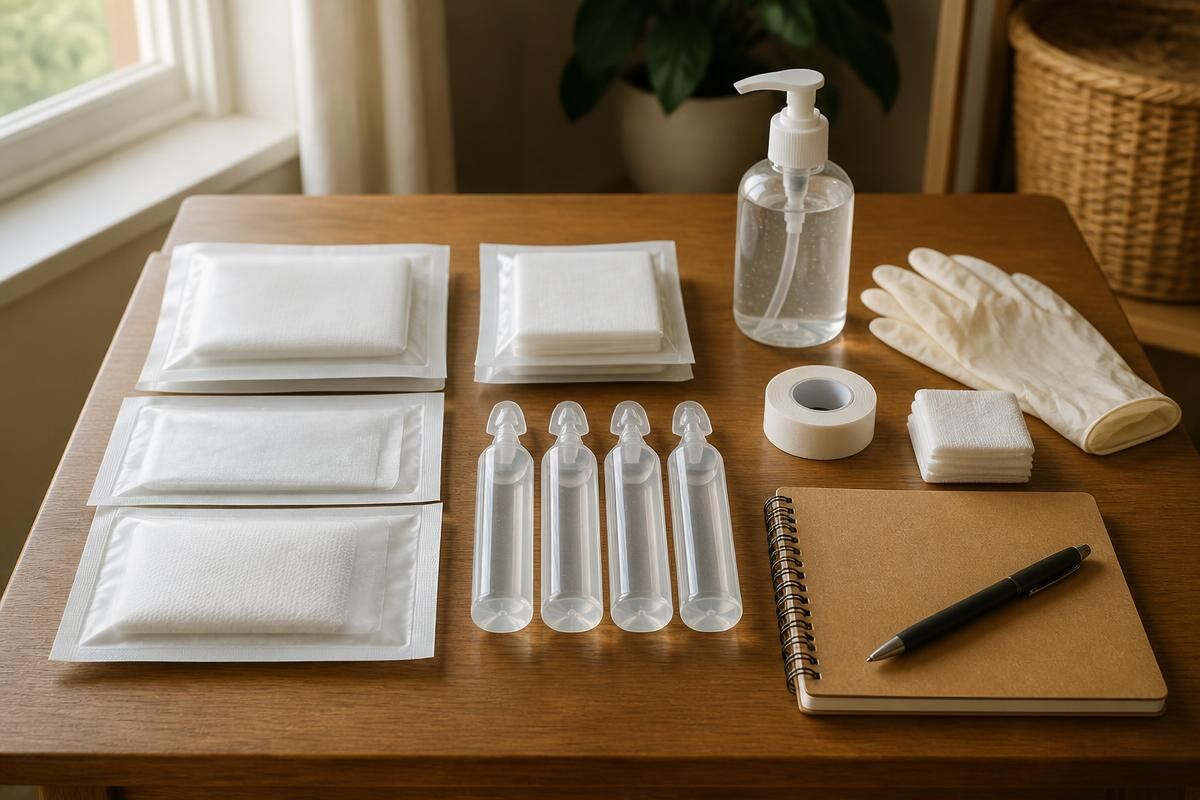 Compresses stériles, ampoules de sérum physiologique, gants et solution hydro-alcoolique posés en ordre sur une table.