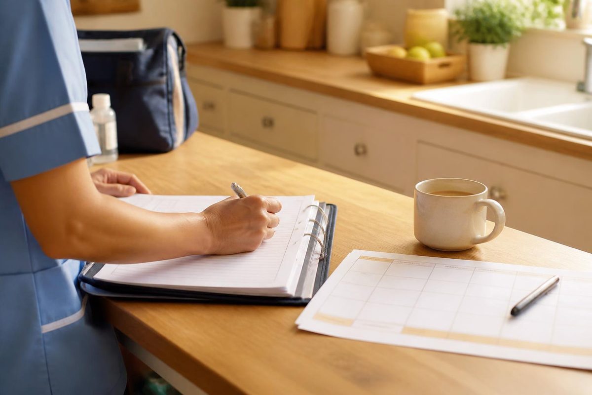 Une soignante note quelque chose dans un classeur de suivi posé sur un plan de travail en bois, à côté d'un planning hebdomadaire.