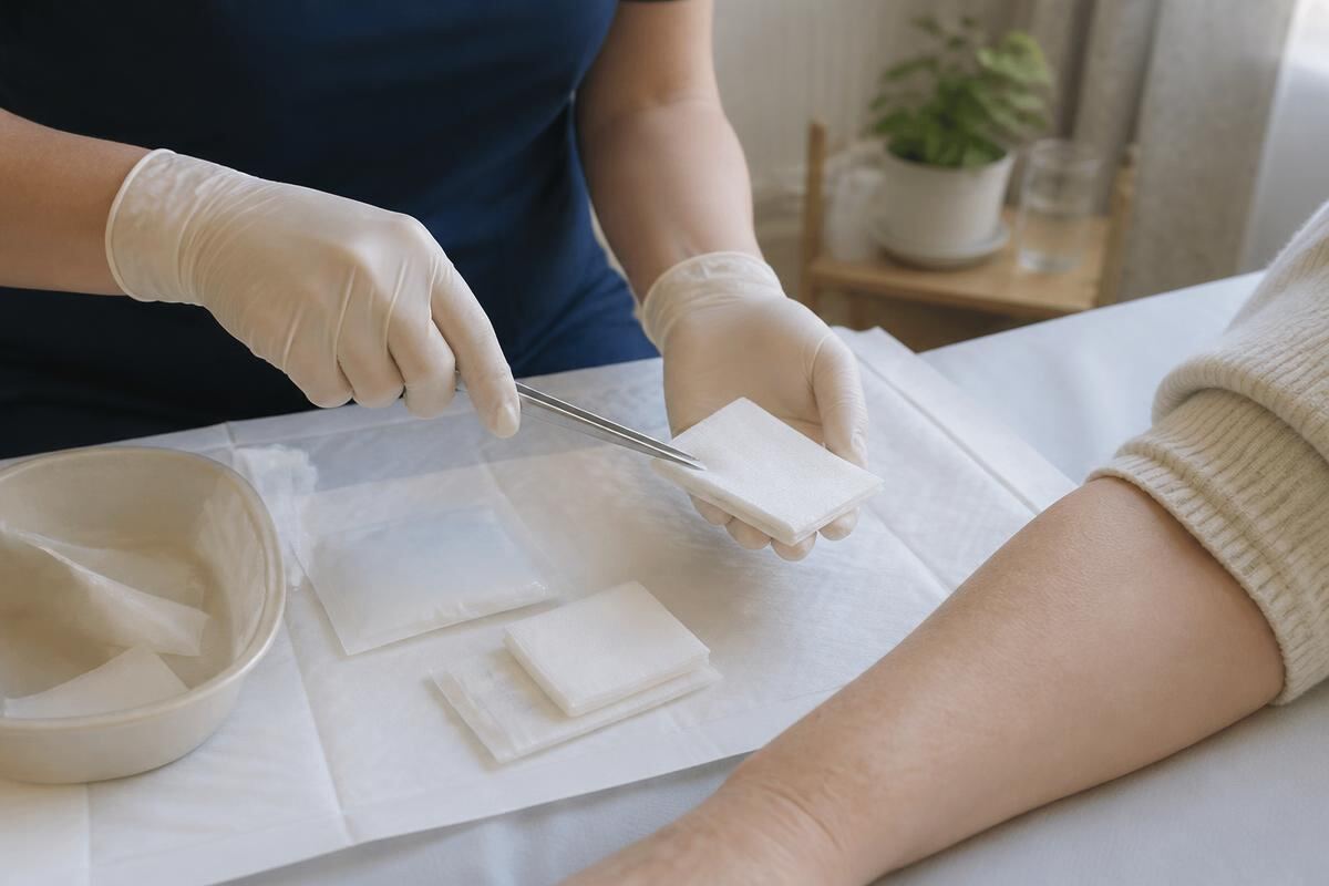 Mains gantées préparant un pansement stérile sur un champ propre, avant-bras posé à côté.