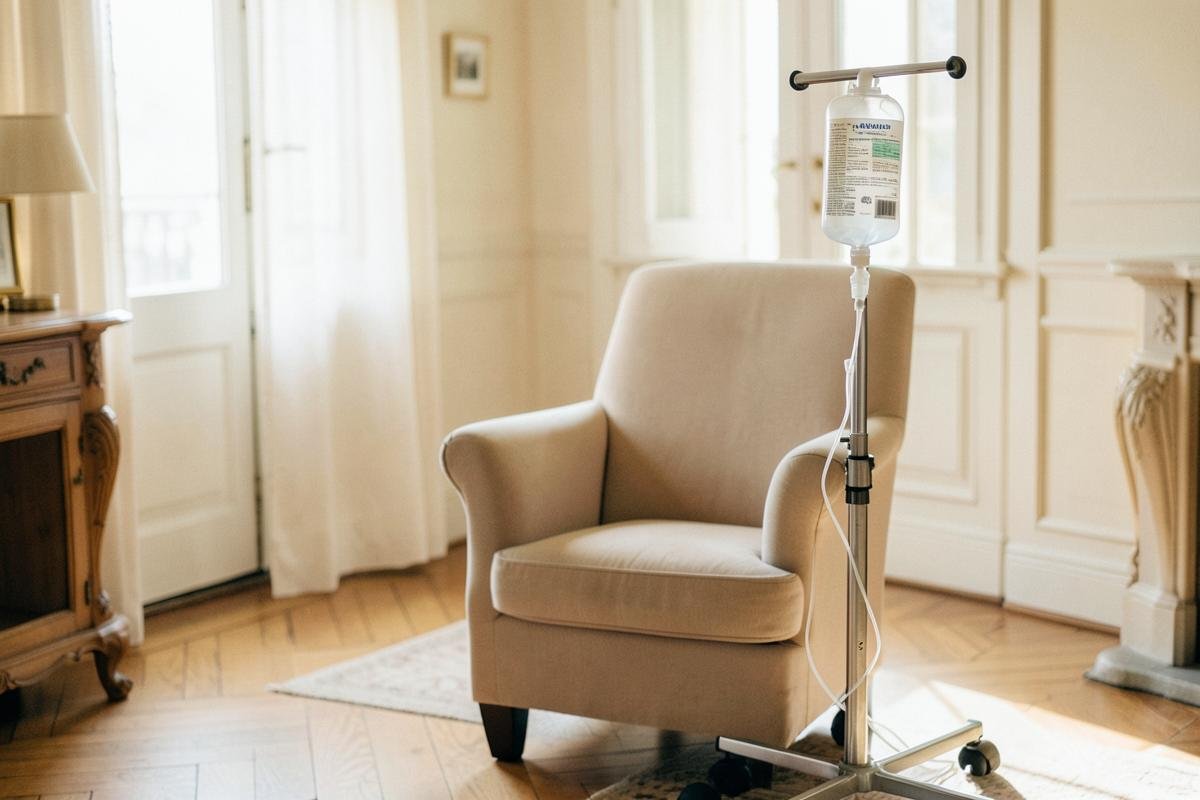 Une poche de perfusion suspendue à un pied à sérum, à côté d'un fauteuil vide dans un séjour lumineux.