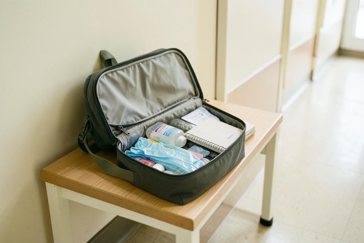 Un sac de tournée ouvert sur un banc d'entrée, gants, solution hydro-alcoolique et carnet rangés par compartiment.