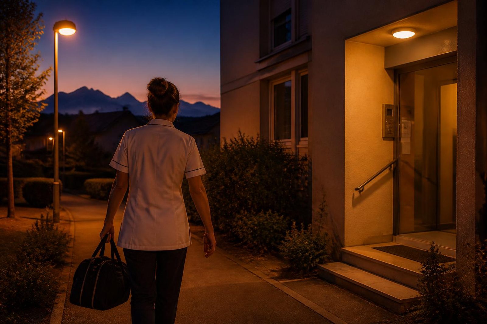Une soignante de dos, sacoche à la main, marche vers l'entrée éclairée d'un immeuble bas au crépuscule, montagnes à l'horizon.