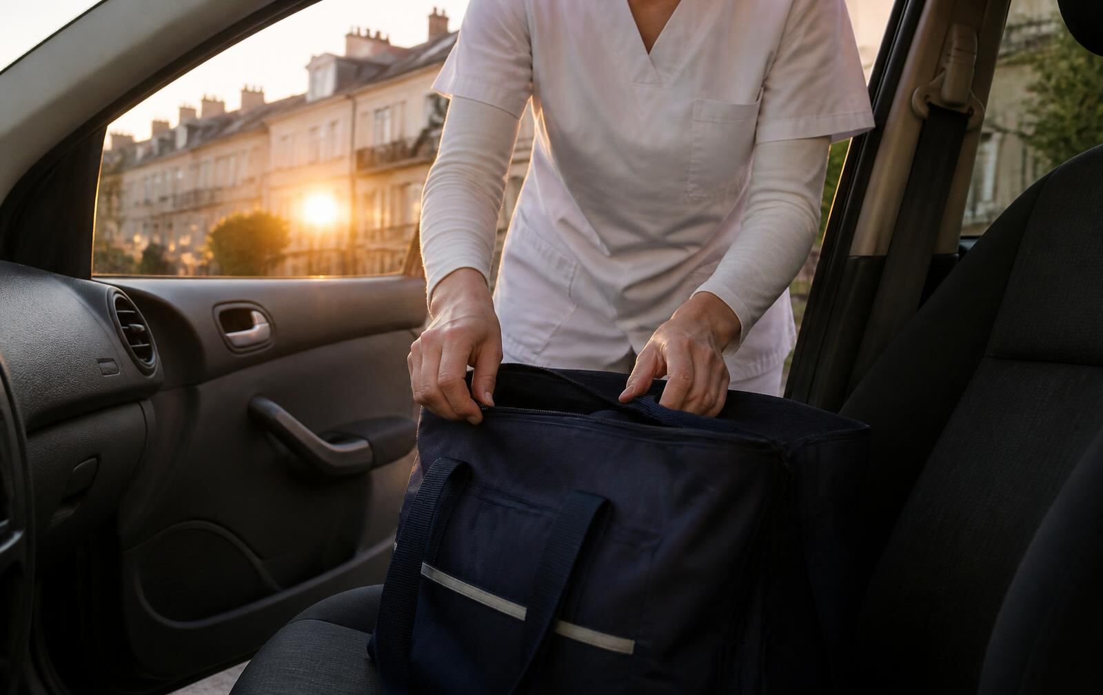 Sacoche de soins refermée sur le siège d'une voiture, au lever du jour devant des immeubles d'habitation.